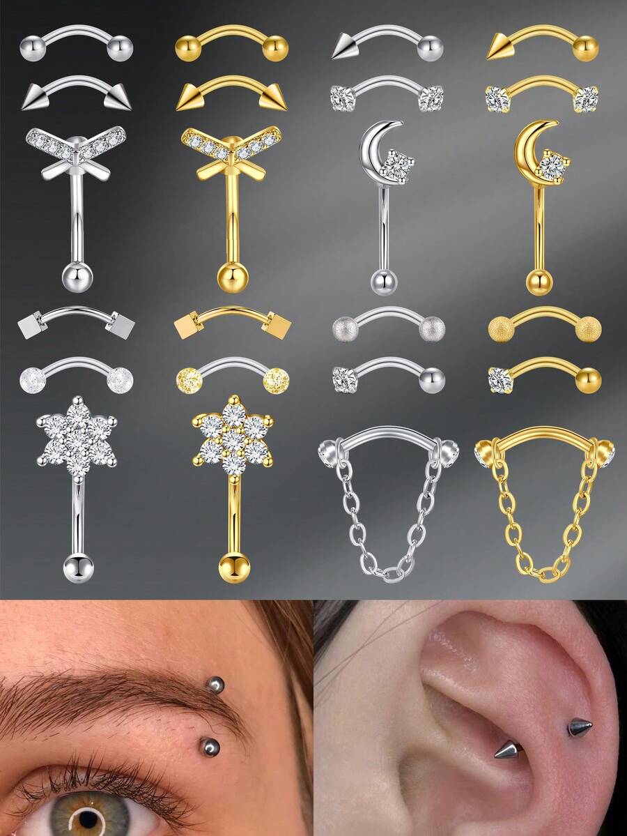 CIZME 3 件 16G 弧形杠铃眉环不锈钢耳钉 16G 眉环套装银链吊坠耳钉 CZ 月亮耳环耳钉耳钉耳钉耳钉饰品男女耳钉耳钉耳钉耳钉耳钉耳钉身体穿孔弧形杠铃
