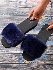 四季舒适，女士时尚毛绒拖鞋，蓬松装饰单带拖鞋春夏女士凉鞋，夏季可手洗织物鞋面和鞋垫，舒适家居鞋 - 藍色 - 查看 2