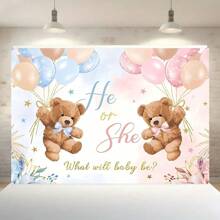 1pc, Bear Gender Revealed Background Fabric, "He Or She" Pink Or Blue, Bohemian Floral Balloons, We Can't Wait, Polyester Material, Suitable For Background Decoration Of Expectant Mothers' Photography, Photo Booth Studio Props