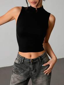 Retro pół-wysoki kołnierzyk z jedwabiu lodowego dzianinowa kamizelka damska letnia, dopasowana, bezrękawnikowa koszulka z dołem, odpowiednia do dojazdów do pracy