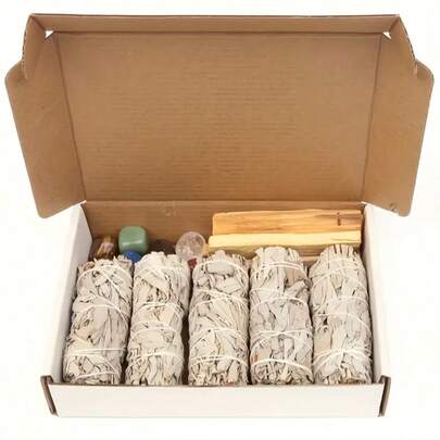 Juego de 15 piezas de limpieza con aromaterapia de salvia, incluye 5 varitas de sahumerio de salvia, 3 palos de palo santo, 7 piedras naturales de cristal de los chakras, set de regalo para decoración del hogar, decoración de fiestas, limpieza de la casa y meditación, adecuado para regalos de Acción de Gracias y cumpleaños
