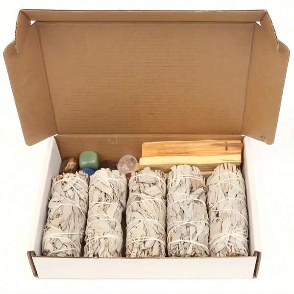 Juego de 15 piezas de limpieza con aromaterapia de salvia, incluye 5 varitas de sahumerio de salvia, 3 palos de palo santo, 7 piedras naturales de cristal de los chakras, set de regalo para decoración del hogar, decoración de fiestas, limpieza de la casa y meditación, adecuado para regalos de Acción de Gracias y cumpleaños