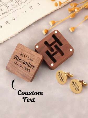 1 Piece Custom Wooden Cufflinks Button Box, Personalised Engraving, Walnut Magnetic Storage Box (Cufflinks Not Included), Groom's Cufflinks Box, Wedding Cufflinks Box, Wedding Gift, Anniversary Gift, Father's Day Gift For Dad, Husband