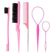 5 Packs Hair Loop Tool Set With 2Pcs French Braid Tool Loop, Leather Sheath Cutter, Teasing Hair Brush Rat Tail Comb Edge Brush For Edge & Back Brushing, Combing, Slicking Hair For Women For Hair Styling,Hair Brush,Comb,Hair Tools,Hair Products And Accessories For Barber Salon Beauty Travel Essentials