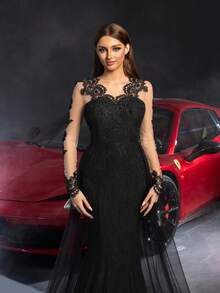 Luxury Bridal Wedding Dress | Sheer Sleeves And Intricate Back Embroidery - Fluffy Sheer Train, Ideal For Red Carpet Events, Bridal Receptions, Dreamlike Galas, And Charming Photoshoots - Black - View 6