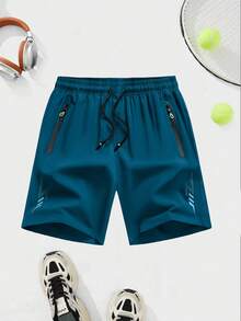 1pc Men's Casual Loose Breathable Shorts, Printed Design, With Pockets, Zipper & Drawstring Waist, Suitable For Fitness, Running & Outdoor Activities Summer Sports - Lake Blue - View 3