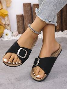 Sandalias planas de corcho suave con hebilla de moda, tipo vacaciones, estilo verano, para hombres y mujeres, sandalias casuales para playa y exteriores - Plateado - Ver 3