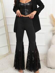 Calça gótica sexy justa cintura alta patchwork renda flare - Preto - Ver 5