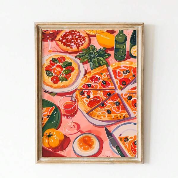 1pc, Wall Arts, Vintage Posters, Pizza Party Food Poster, Kitchen Wall Art Gifts For Pizza Lovers And Foodies Italian Food Print Picnic Art, Living Room Decor, Bedroom Decor Aesthetic, Housewarming Gift, Unframed