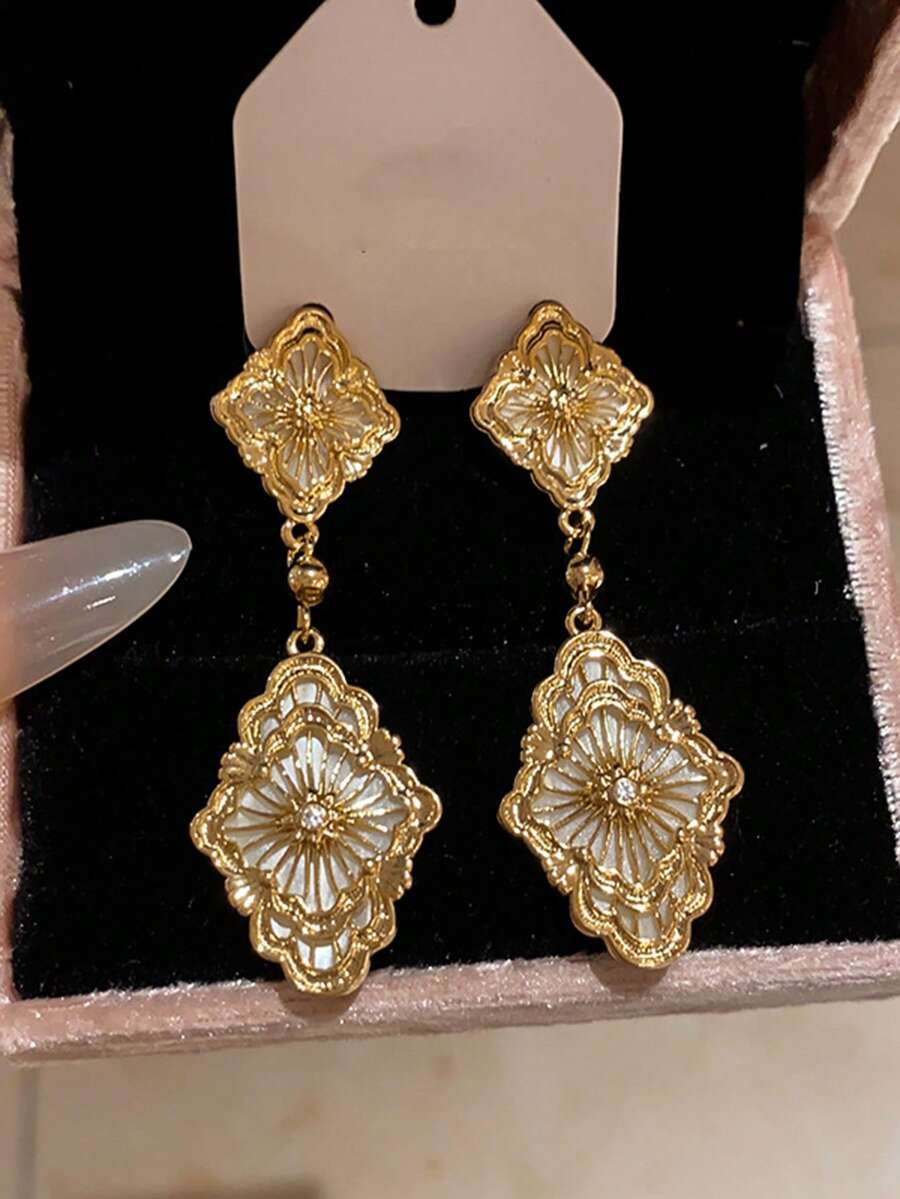 1 Piece Of Diamond-Shaped Micro-Inlaid Diamond Flower Gorgeous And Elegant Copper-Gold Women's Earrings, Suitable For Business Banquets, Dinner Parties And Dances - Vàng - Xem 1