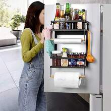 Magnetic Refrigerator Shelf, No Drilling Required, Foldable Magnetic Refrigerator Shelf, Wall-Mounted Spice Rack, Multifunctional Spice Rack With Paper Towel Holder And Hooks For Kitchen Utensils, Suitable For Refrigerator, Kitchen Wall - 40 X 30 X 11 Cm - Black - Black - View 5