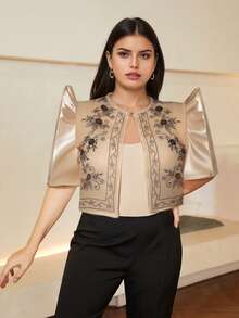 1 Stück Damen Moderne Filipiniana Muster Retro Bedrucktes Puffärmel Top in Große Größen, Schmetterlingsärmel Filipiniana Frühling/Sommer Filipiniana Bekleidung für Damen, Moderne elegante Top Bolero Filipiniana für Damen, Filipiniana Große Größen Champagner farbenes Top - Champagnerfarben - Übersicht 4