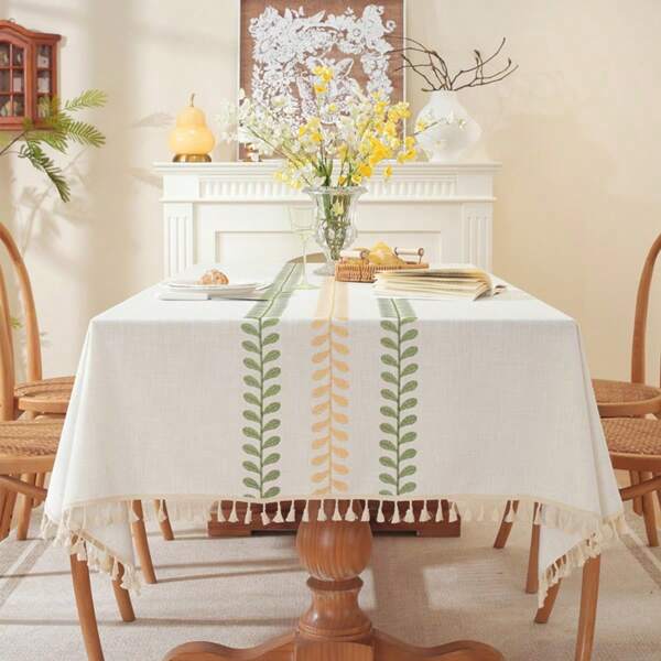 1pc Polyester Embroidered Floral Table Cloth With Tassels