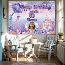 1pc Customizable Portrait Age Name Birthday Party Banner, Polyester Fiber, Purple Underwater Mermaid Theme Photography Background For Birthday Cake Table, Home Wall, Outdoor Decoration