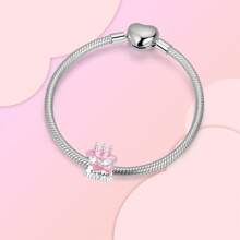 Silver Plated Charm Pink Bow Crown Candle Happy Birthday Cake Series Charm Bead Is Suitable For Diy Female Bracelet Pendants