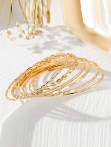 一套简约复古时尚光滑几何开口手镯套装 情人节配饰 - 金色麻花 - 查看 3