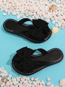 1 Pair Black Toddler/Girls' Flat Beach Sandals, Soft Fabric Butterfly Decor Slip-On Round Toe Design, Fashion & Cute Roman-Style Home Slippers Suitable For 3-15 Years Old Girls Daily, Beach, Vacation, Summer New