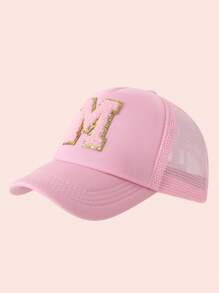 1 pièce Casquette en maille avec impression de 26 lettres rose pour enfant, casquette de baseball unisexe pour bébé avec visière, convient aux activités extérieures et à l'usage quotidien, protection solaire