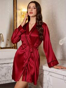1pc Ladies Elegant Contrast Piping Belted Thin Short Robe, Silk Feel Comfortable Sleepwear For Home Use, Fall, Christmas, Winter - Red - View 8