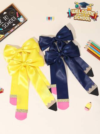 4 件装女童开学发饰亮面缎带蝴蝶结鳄鱼夹长尾铅笔形发夹开学第一天发夹新学期礼物发夹儿童发饰