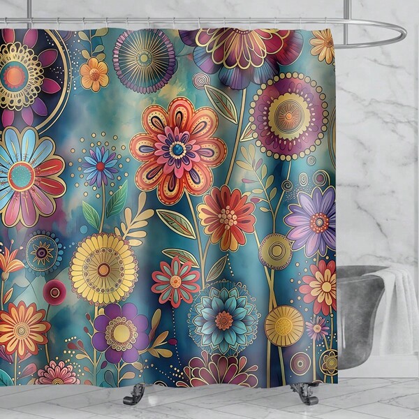 1pc - Polyester - Mandala Floral Shower Curtain Set, Vintage Mystical Watercolor Flowers Floral Plants Bathroom Decor Shower Curtain With 12 Hooks, Non-Slip Bathroom Floor Mat, Toilet U-Shaped Mat, Toilet Cover Mat Home Decor Bathroom Accessories Back To School