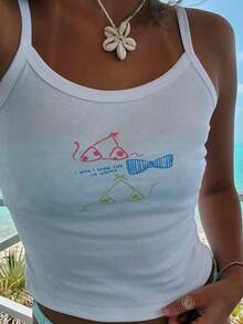 Women Y2K Floral Cami Tank Tops Cute Vintage Flower Graphic Spaghetti Strap Scoop Neck Slim Fit Camisole Crop Tops Summer Backless Sleeveless Vests Shirts Teens Girl Summer Ocean Coastal Beach Casual Going Out Tops Aesthetic Clothes Streetwear - 白色 - 查看 5