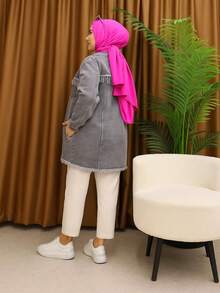 Casual Woven Fabric Button Front Pocket Frayed Trim Jacket, Everyday Wear - Light Grey - View 3