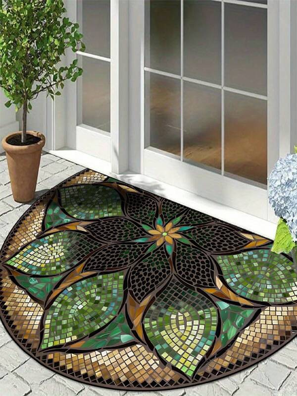 1pc Semi-Circle Rug, Mosaic-Like, Indoor Doormat, Printed Doormat, Green Carpet, Rug, Small Rug, Doormat, Floor Mat, Welcome Mat, Washable Carpet, Front Doormat, Indoor Doormat, Home Decor Carpet