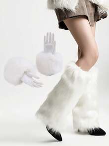 1 Pair Solid Color Fluffy Cuff Sleeves, Autumn/Winter Accessory For Women Halloween