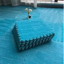 12pcs/Set Thick Bottom Interlocking 12"X12"X0.39" Plush Carpet Tiles, Navy Blue Color, Soft Shag Area Rug Mats For Living Room, Bedroom, Game Room. Foam Backed, Washable, Easy To Trim & Interlock, Suitable For Home Decor