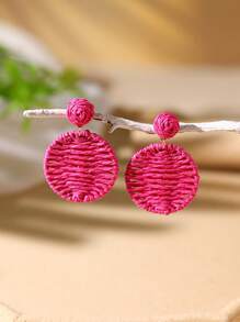 1 par de brincos de rattan com formato de coração geométrico boêmio, azul e vermelho-rosa, joias de praia adequadas para uso diário ou férias