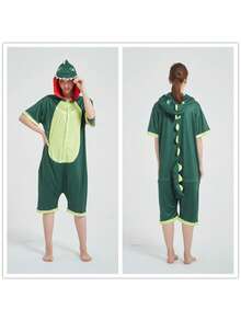 Pijama entallada infantil en forma de animal para verano, adecuada para niños y niñas de 4 a 13 años, de diseño neutro. Con motivos cartunescos suaves, es cómoda y apta para usar en el hogar, en actividades cotidianas y hasta para salir. Es un pijama entallado corto. - Verde - Ver 2