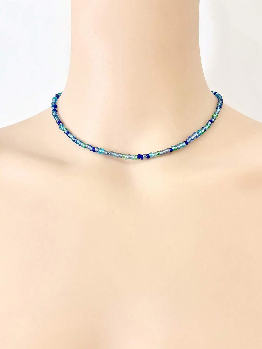 1pc Korean Style Beaded Necklace For Women, Delicate Chain - Blue - View 1
