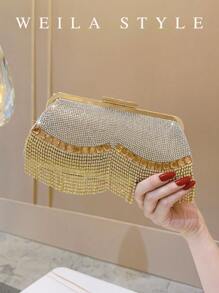 Luxury Golden Rhinestone Clutch Bag With Tassels, Sparkling Crystal Handbag For Evening Party, Wedding, Cocktail, High-End Fashion Lady Party Purse, Top-Handle, Crossbody, Small Square Clutch
