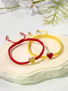 2pcs Heart Handmade Braided Adjustable Couple Bracelet, Suitable For Men And Women, Valentine's Day Gift And Daily Wear