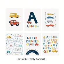 6pcs/Set Customized Canvas Posters Optional Frame, Transportation Prints, Vehicles Art Print, Printable Wall Art, Construction Nursery Art Posters, Boys Room Decor Posters, Alphabet Cars, Little Drivers Wall Arts