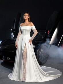 Off-The-Shoulder Lace Sleeve High Slit Wedding Dress | Classic Satin Fabric With Luxurious Train | Elegant Bridal Gown For Wedding Ceremony, Church Service, Red Carpet, Luxury Wedding Reception, Bridal Photoshoot - White - View 3