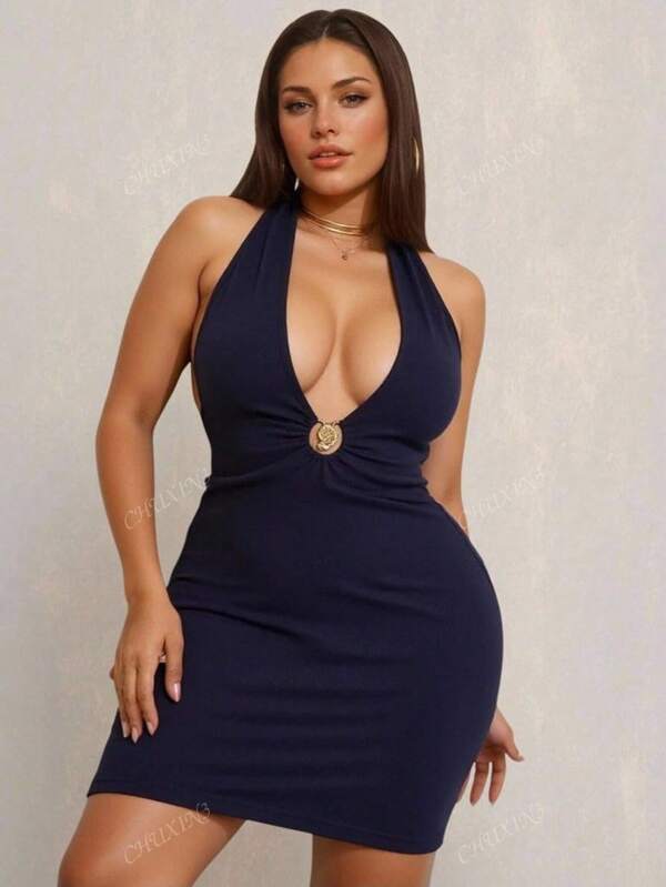Plus Size Solid Color Halter Backless Super Mini Bodycon Dress