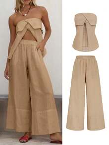 ملابس شاطئية، كاجوال عمل، بمظهر قطني كتان لملابس النساء الفاتحة طقم قطعتين 2025: توب أصفر وبنطال ساق واسع محكم للبطن، أفضل مبيعات الخريف والصيف، قابل للتنفس مريح، قابل للارتداء من المكتب إلى العطلات، أساسيات يومية للعطلات