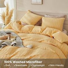 WARMDERN Duvet Cover Set King Size, 3pcs Washed Microfiber Mustard Yellow Bedding Set, Soft Breathable Striped Textured Seersucker Duvet Cover With Zipper Closure &Amp; Corner Ties(Mustard Yellow, King) - 芥末黃 - 查看 3