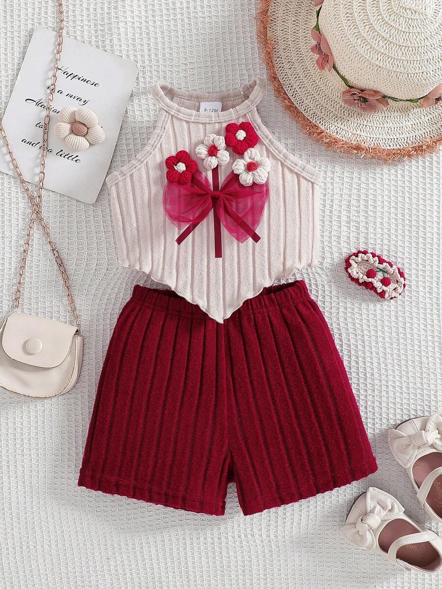 HAO6 0-3岁女婴时尚套装：米色吊带上衣，配钩针花朵和蝴蝶结，棕色罗纹短裤 - 酒紅色 - 查看 1