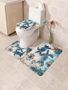 1pc/4pcs Sea Turtle, Sea Star, Seaweed, Coral Pattern Multifunctional Bathroom Waterproof Shower Curtain With 12pcs Hooks, Bathroom Non-Slip Mat, U-Shape Floor Mat And Toilet Lid Cover, Bathroom Set For All Scenarios Bathroom Accessories Back To School