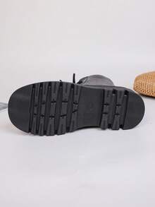 女士圆头系带中筒靴，纯色粗跟，侧拉链，户外节日，春秋季 - 黑色 - 查看 7