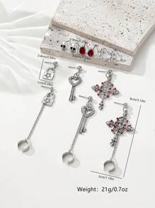 Set de 6 pares de pendientes de clip con diseño de calavera gótica, cruz con tachuelas y detalles de diamantes, versátil para Halloween