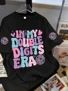 Tween Girls Casual Summer Colorful Letter & Music Design Cute Graphic Short Sleeve T-Shirt, Cartoon Student Youth Tee For Young Women - Black - View 2