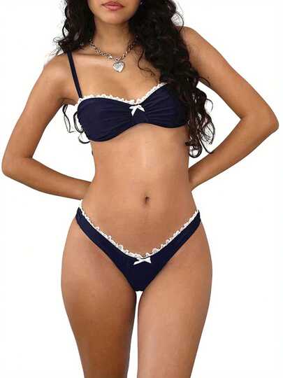 Women Coquette 2 Piece Bikini Set With Bows Lace Trim Spaghetti Strap Bra Top High Cut Bikini Bottom Summer Beachwear