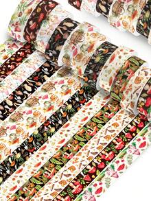 12 Rolls Of Mushroom With Plant Washi Tape Set, Autumn Pattern And Blue Porcelain Pattern Sticker Rolls, Decorative Tape For Diary Decoration, Scrapbook DIY Crafts Decoration Material Stickers, Gift Wrapping And Party Decoration,Back To School,School Supplies - Multicolor - View 11
