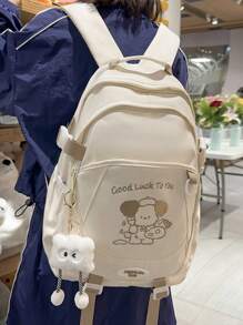 1pc Beige Nylon Casual College Style Cartoon Letter Embroidered Quilted Multi-Pocket Zip Up Backpack (Without Pendant), Suitable For Daily School, Training, Women's Commute, Outings, Shopping, Travel, Vacations, Items Storage, Back To School, Graduation Gift