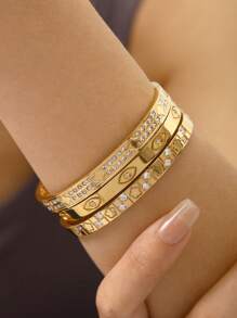 1pc/3pcs Fashion French Luxury Stainless Steel Devil's Eye, Clover, Pentagram Zirconia Bracelet, 18K Gold Plated, Simple & Elegant, Not Discolored Buckle Bangle, Suitable For Women Daily & Date Wearing