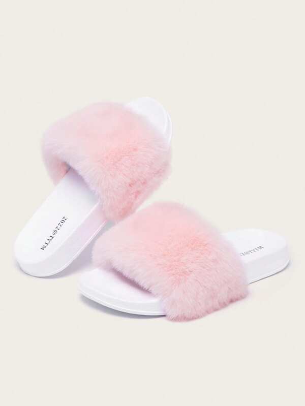 Women's Fashion Fluffy Slippers For Indoor & Outdoor, Pink Fluffy Slip-On Slides For Casual Daily Wear, Girls Party, Afternoon Tea